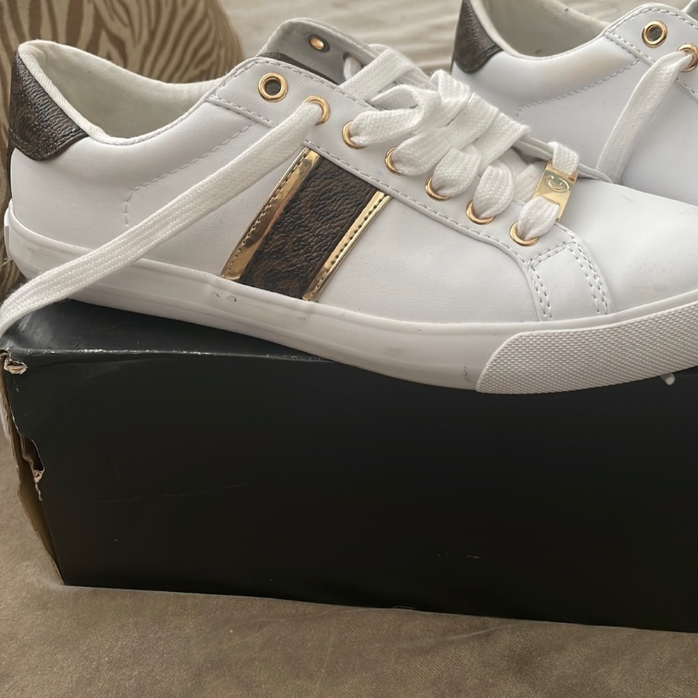 New pair of Guess leather sneakers. White with brown and gold trimmings